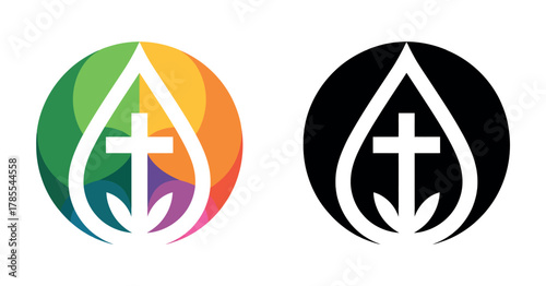 A Christian cross symbol is depicted within a colorful, abstract droplet shape, representing faith and spirituality.