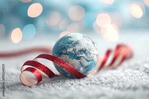 Small globe with red and white striped ribbon wrapped around it on a snowy surface with bokeh lights