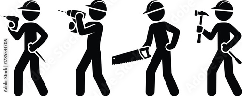 Black and White Construction Workers with Drill, Saw, Hammer and Screwdriver Stick Figures