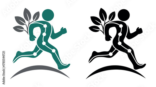 Stylized human figures with leaves and connecting dots symbolize health, wellness, and active living.
