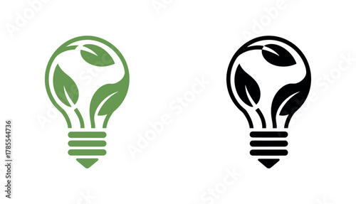 Eco-friendly idea concept with a light bulb and green leaves, symbolizing sustainability and innovation in green energy.