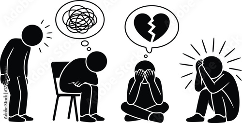 Black and White Depiction of People Experiencing Various Forms of Mental Distress and Emotional Pain