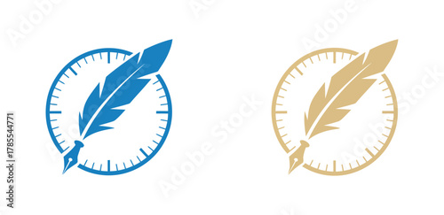A quill pen logo with a clock face symbolizes the concept of time for writing or intellectual pursuits.