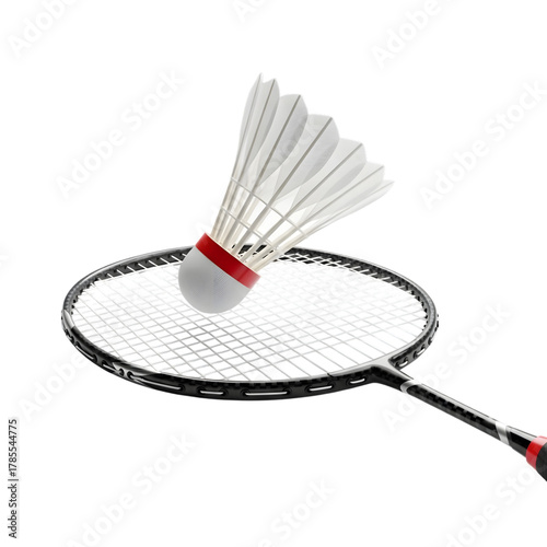 Badminton racket and shuttlecock isolated on white for sport and leisure game activity