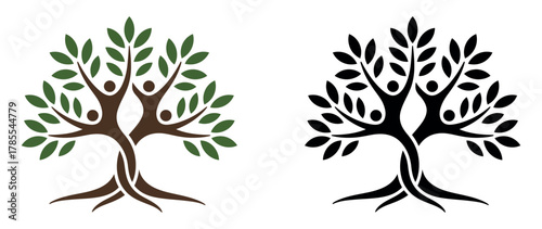 Stylized tree with human figures integrated into its trunk and branches symbolizes growth and community.