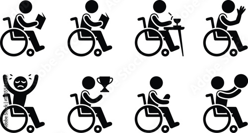 Black and White Pictograms Depicting Person in Wheelchair Engaged in Various Activities and Emotions