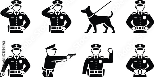 Black and White Showing Police Officers, One Pointing Gun and a Dog