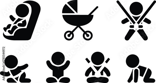 Black and White Silhouette Icons of Baby Stages, Car Seat, Stroller, and Safety Harnesses