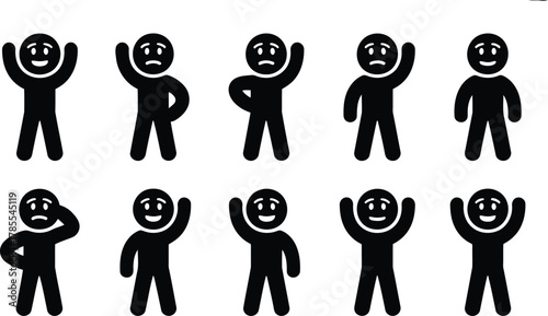 Black Pictogram Figures Displaying Various Emotions and Gestures on a White Background, Ten Figures