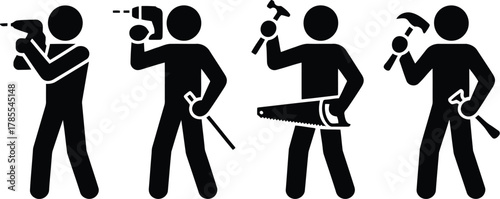 Black Pictogram Figures Showcasing Home Improvement Drill, Mallet, and Handsaw Equipment and Tools