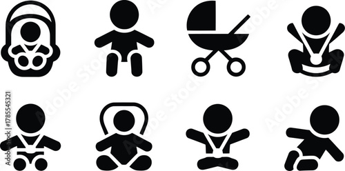 Black Silhouette Icon Set Featuring Baby, Car Seat, Stroller and Child Poses on White