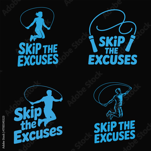 Four blue jump rope logos with the phrase skip the excuses skipping exercise