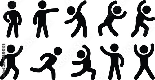Black Silhouette Stick Figures Depicting Exercise and Stretching on a White Background Isolated
