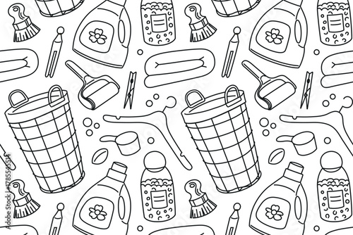 Black and white pattern with laundry theme. Flat cartoon vector illustration with detergent bottles and clothes for home cleaning, baskets, textile care and household design