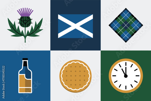 Flat vector icons for Scottish heritage, featuring thistle, flag, tartan pattern, whisky, cookie, and traditional clock,