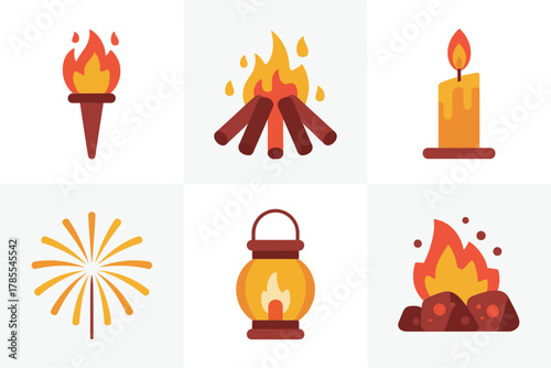 Outline color icons for light source, illustrating torch, campfire, lantern, candle, coal, and festive firework explosion,