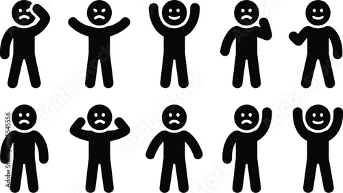 Black Stick Figures Illustrating Emotions Sad, Happy, Depressed, and Joyful Poses on a White Background