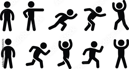 Black Stick Figures in Various Poses Standing, Pointing, Running, Jumping, and Celebrating on White Background
