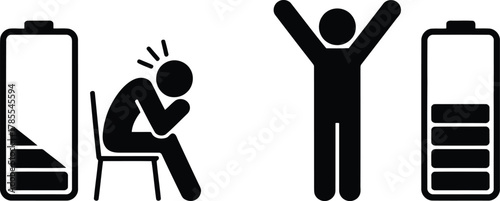 Burnout vs. Recharged Stick Figure Depicts Exhaustion and Energy with Battery Life Representation
