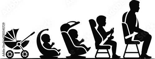 Child Development Stages Depicted in Black Silhouette, From Baby Stroller to Seated Adult Figure