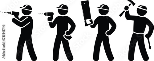 Construction Worker Icons Drilling, Using a Saw, and Hammering, All in Black Silhouettes
