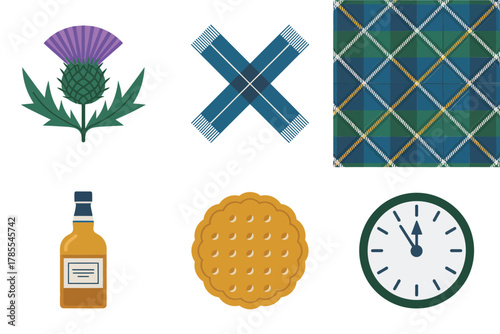 Detailed flat vector icons for Scottish national symbols, showing thistle, flag, tartan, whisky, shortbread, and time clock,
