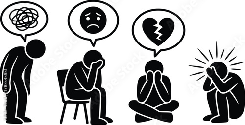 Diverse Sad Emotions Stress, Depression, Heartbreak, and Anxiety Illustrated Through Stick Figures and Thought Bubbles