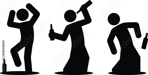 Drunk Stick Figures Dancing, Drinking, and Stumbling After Alcohol Consumption Depicted in Silhouette Style