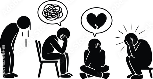 Four Black Stick Figures Expressing Sadness, Crying, Confusion, Heartbreak, and Anxiety, Mental Health Pictogram