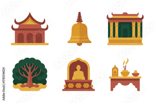 Flat vector icons for Buddhist architecture, featuring temple, bell, pagoda, shrine, tree, and sitting Buddha statue,