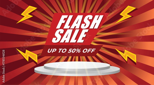 A vibrant red and orange banner with a flash sale announcement, podium, and lightning bolts. Offers up to 50% off.