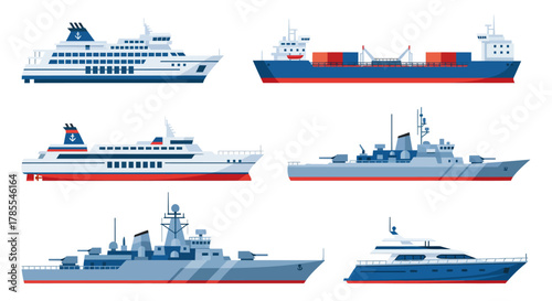 Illustration of various ships including a cruise ship, cargo ship, and yacht.