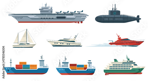 A collection of various types of watercraft, including an aircraft carrier, submarine, sailboat, yacht, speed boat, cargo ship, and ferry.