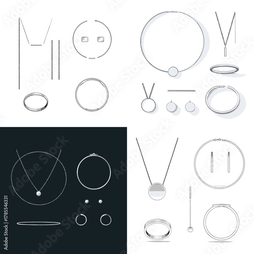 Elegant minimal silver jewelry set featuring necklaces, rings, earrings, and bracelets in clean modern line art. Ideal for fashion branding, accessory ads, lookbooks, and luxury design.