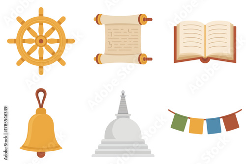 Flat vector icons for sacred Buddhist elements, showing Dharma wheel, scroll, open book, bell, stupa, and colorful prayer flags,