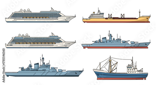 Illustration of various types of ships, including cruise liners, cargo vessels, and warships.