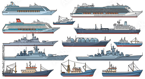 Illustration of various types of ships and boats, including cruise ships and warships.