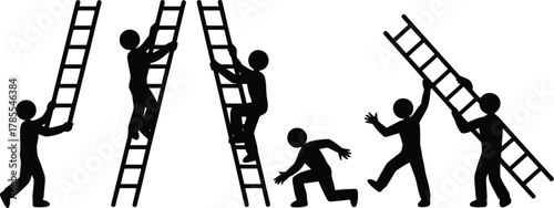 Illustrated People Climbing and Falling From Ladders, Achievement, Opportunity, and Risk Concept Art