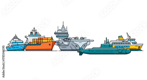 A collection of various sea vessels including a container ship, aircraft carrier, submarine, and passenger ships.