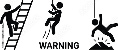 Ladder and Rope Climbing Fall Hazard Warning Sign Safety Pictogram Black and White Images