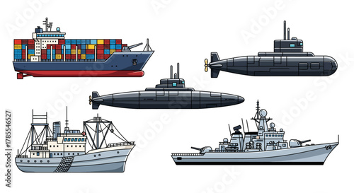 A detailed illustration set of various sea vessels: container ship, submarines, fishing trawler, and warship.