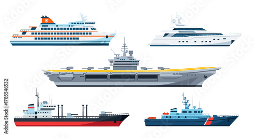 A collection of five different types of ships, including a ferry, a yacht, an aircraft carrier, a cargo ship, and a coast guard vessel.