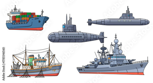 Illustration of various types of ships, including cargo, submarines, and a warship.