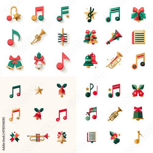 Festive Christmas music icon set featuring notes, bells, trumpets, holly, and holiday elements. Ideal for seasonal songs, carol themes, posters, invitations, and winter celebrations.