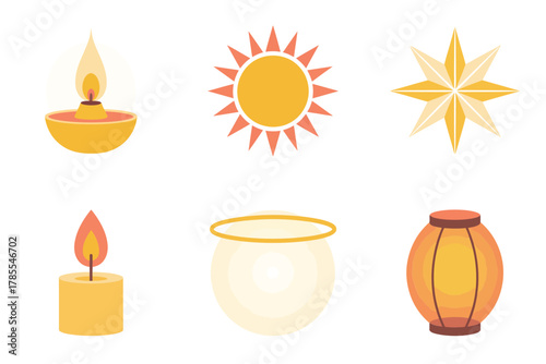 Detailed flat vector icons for spiritual enlightenment, showing sun, stars, candle, oil lamp, and traditional Asian style lantern,