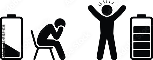 Low vs Full Battery Person Depressed and Energized with Energy Levels Shown in Black and White