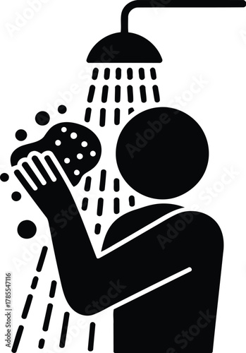 Pictogram of Person Taking Shower with Sponge Under Showerhead in Black and White Design