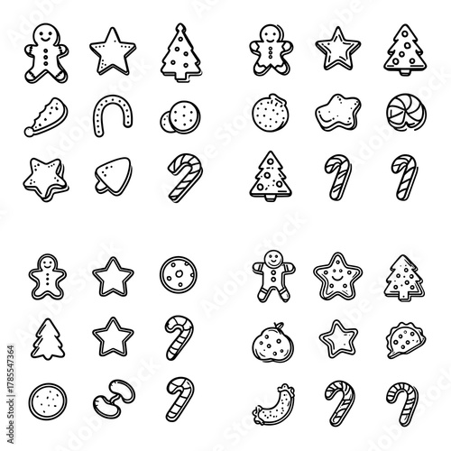 Hand-drawn line illustration of Christmas cookies including gingerbread men, stars, candy canes, trees, and festive treats.