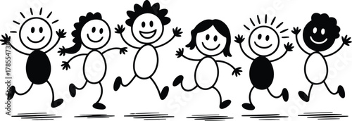 Playful Cartoon Stick Figures Running Joyfully Across a White Background, Raising Their Arms