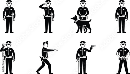 Police Officer Silhouettes Diverse Poses, Including Saluting, Gun Use, and K9 Unit Illustrations